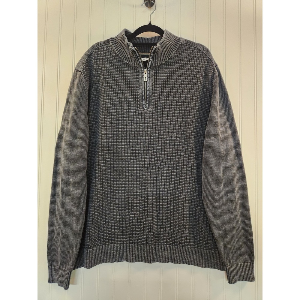 Tommy Bahama Mens Quarter Zip Sweater Charcoal Gray Waffle Knit 100% Cotton L